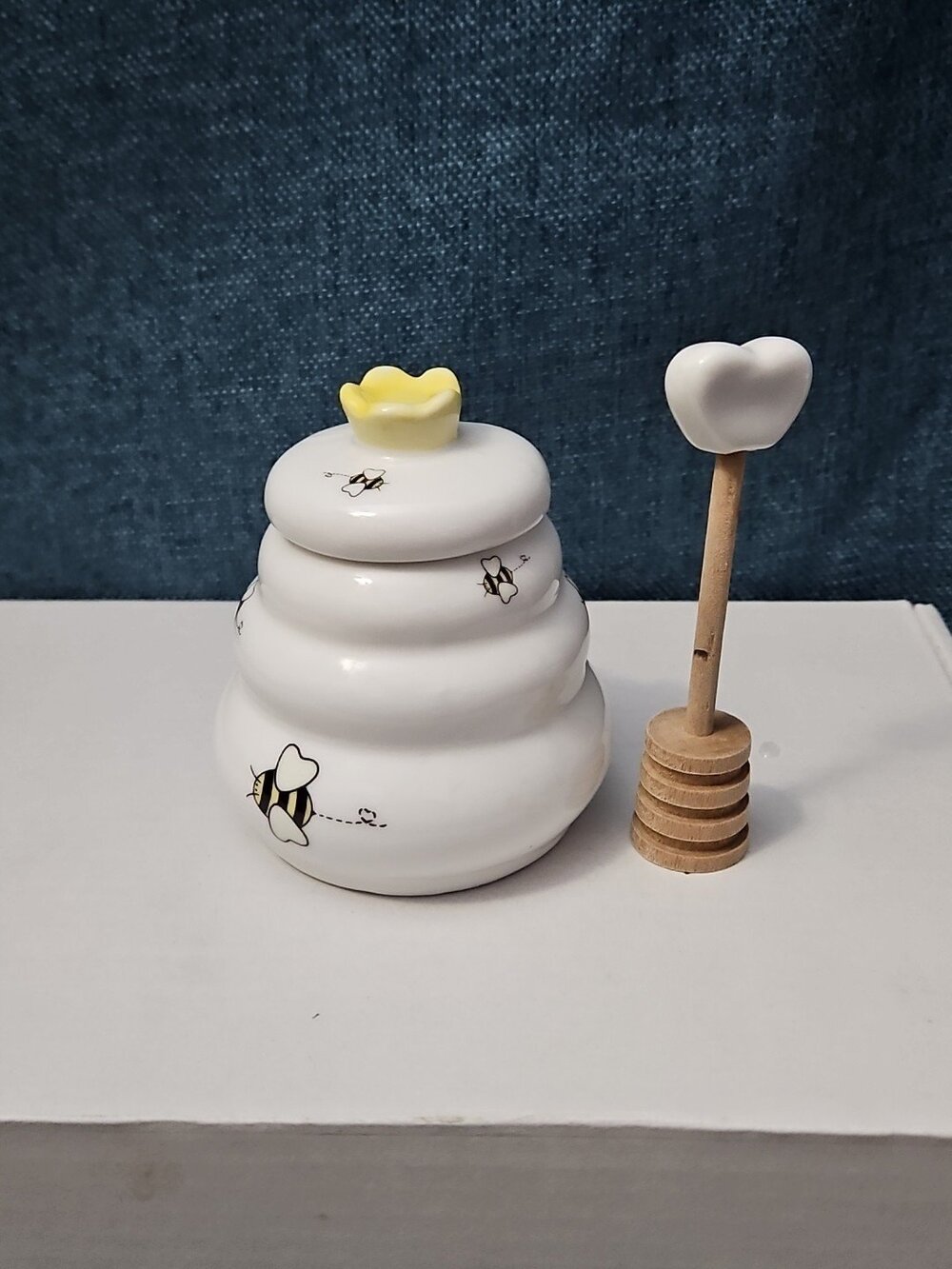 Mini Ceramic Beehive Honey Pot with Wooden Dipper | 3" Bee Theme Kitchen Decor - Picture 8 of 16